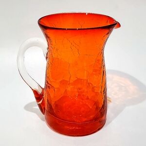 Vntg Amberina Crackle Tangerine Art Glass 3.5" Handcrafted Mouthblown Pitcher